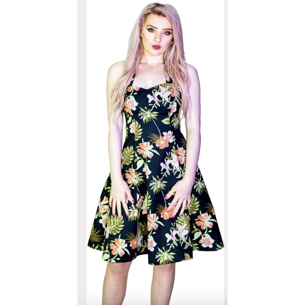 Floral Halter Fit & Flare Dress in Black with Peach Blossoms